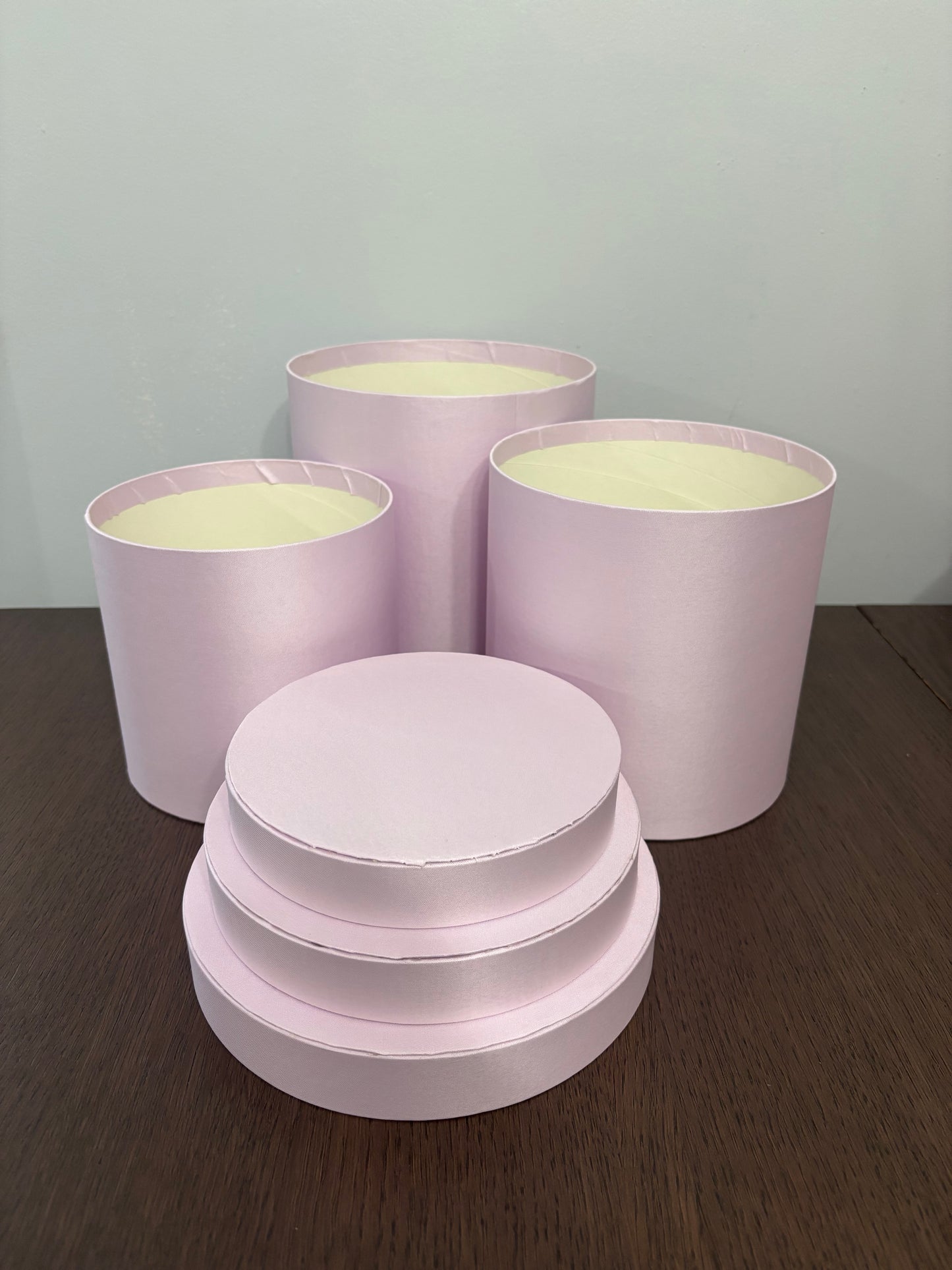 3 PC Set Light Pink Satin Round Box