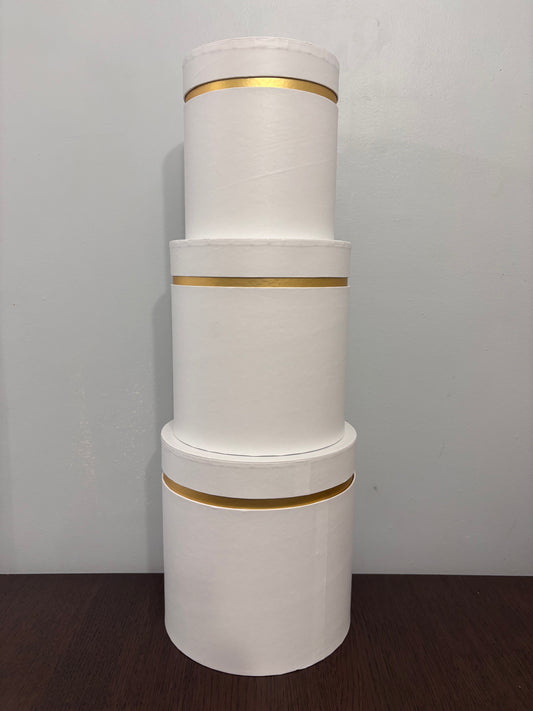 3 PC Set White w/ Gold Stripe Round Box