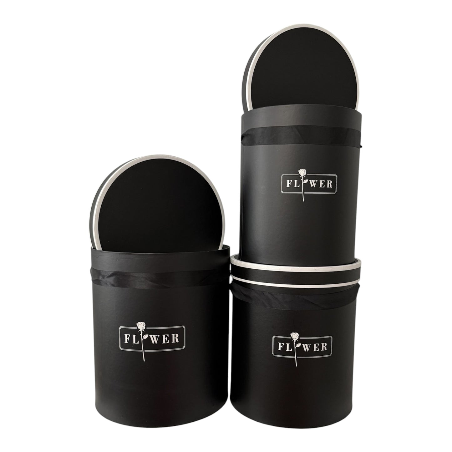 3pc Set Black Cylinder Flower Box -FLOWER- (Big Boxes)