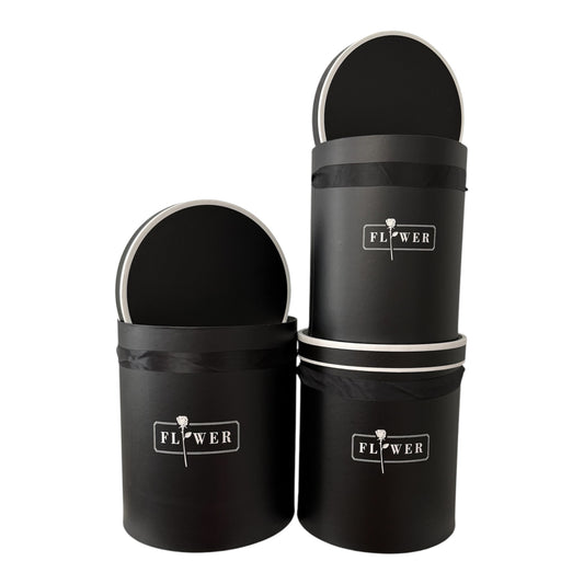3pc Set Black Cylinder Flower Box -FLOWER- (Big Boxes)